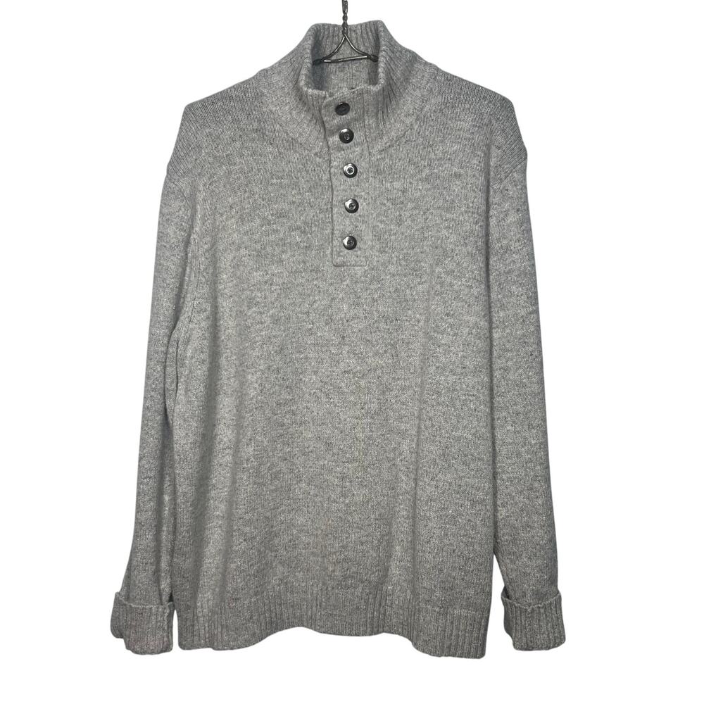 Lands End Sweater Mock Neck Button Heather Gray Size XL Wool Cotton Blend
